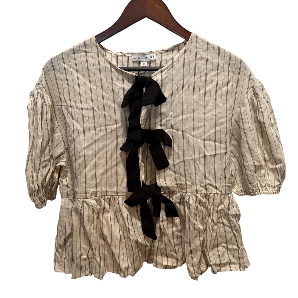Miou Muse Womens Linen Blend‎ Pinstripe Puff Sleeve Bow Peplum Top Beige Black M